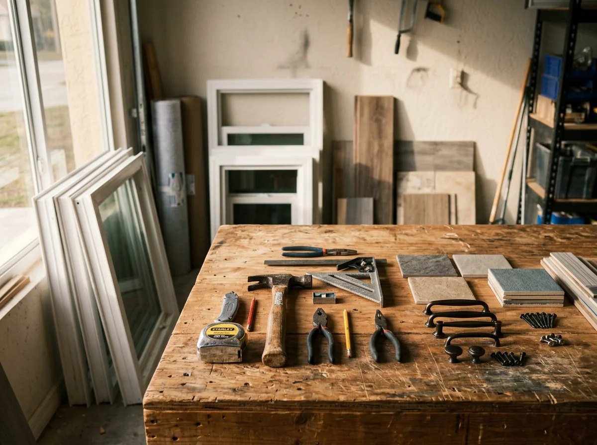 Construction tools and materials organized on a work surface, representing the trades and services offered.