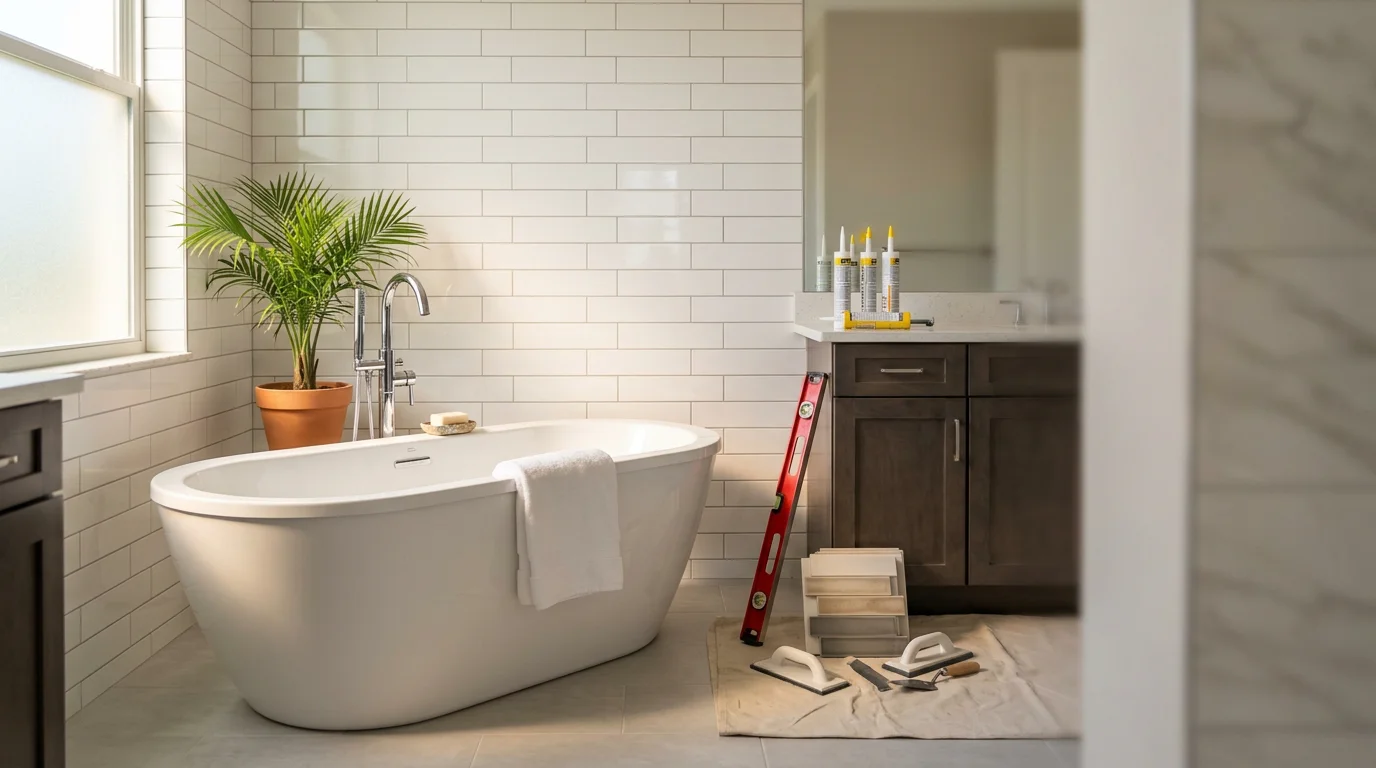 Renovated bathroom with tile shower and modern fixtures