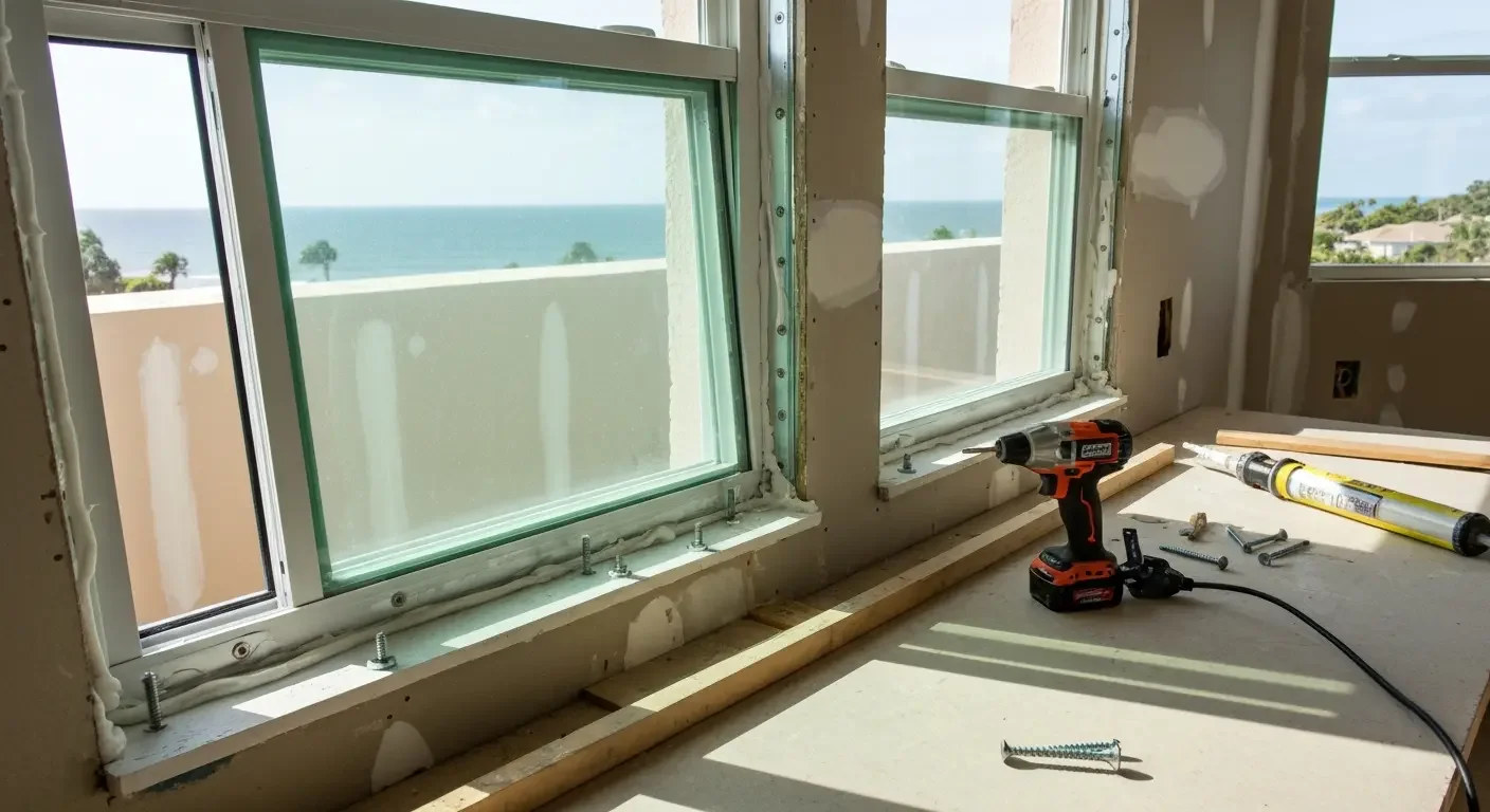 Aluminum-framed windows with green trim installed in concrete opening with ocean view