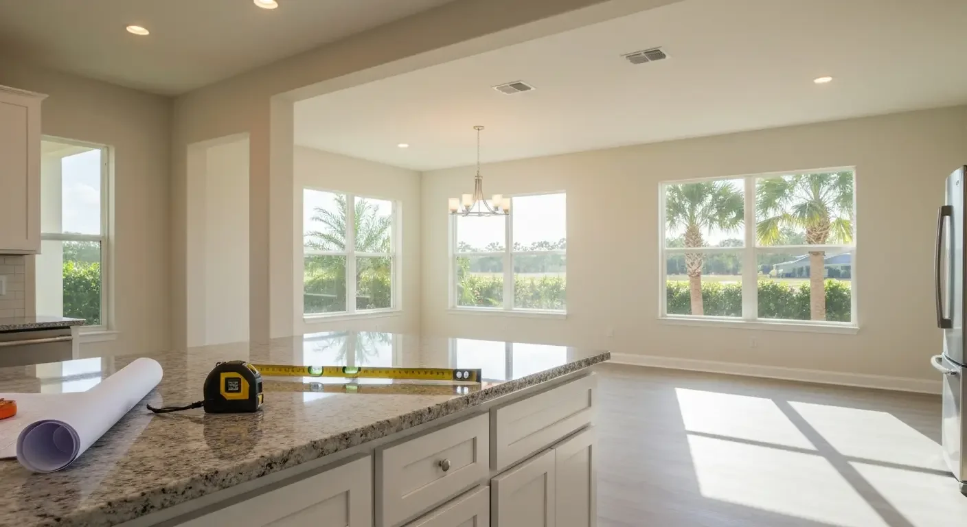 Open kitchen with granite counters, white cabinets, stainless steel appliances, and large windows