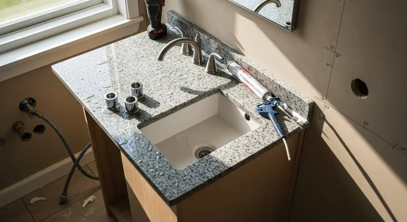 Speckled quartz bathroom vanity with white sink basin, brushed nickel faucet, and chrome accessories
