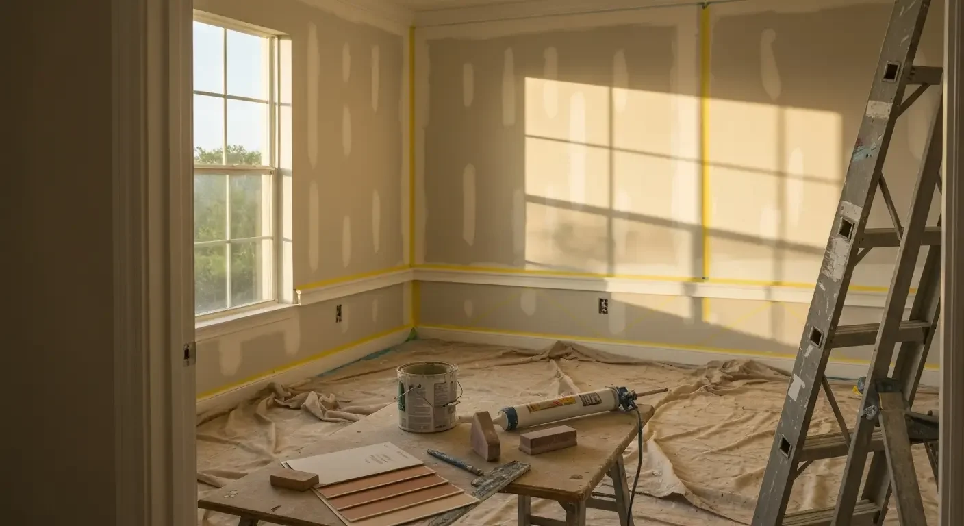Drywall room with taped seams, primer, painter's tape, and construction tools on drop cloth