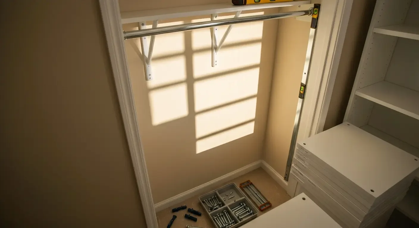 Metal hanging rod and white shelving system installed in closet with organized storage compartments
