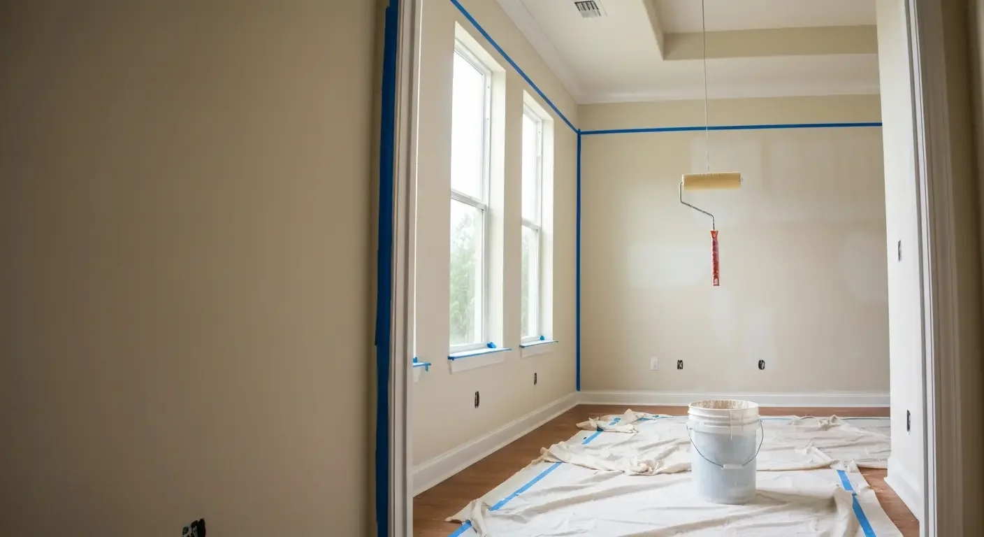 Interior room with drywall taping, primer coating, blue painter's tape, and new electrical outlets