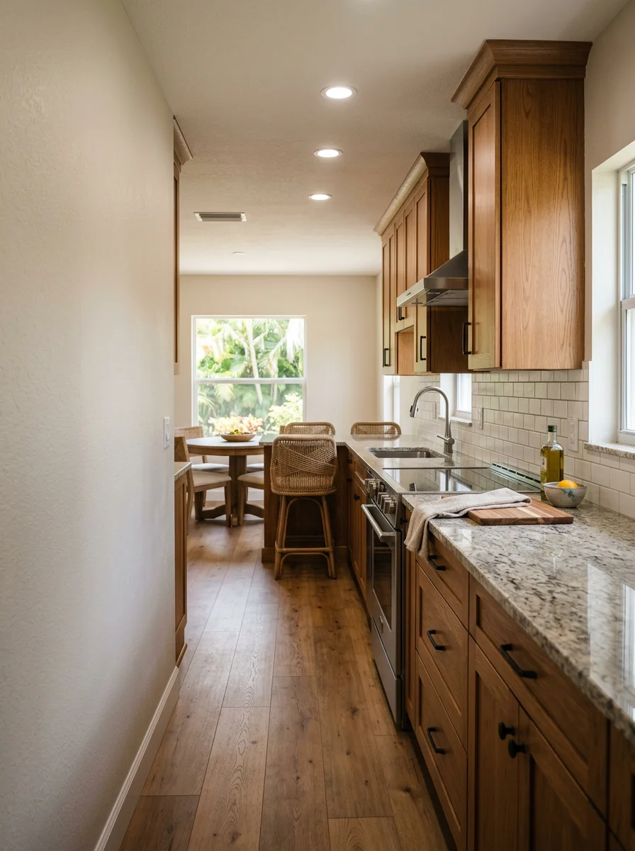 Freshly remodeled kitchen in a Bonita Springs gated community home showing new tile backsplash, updated cabinetry, and open-plan layout replacing a former walled-off galley.