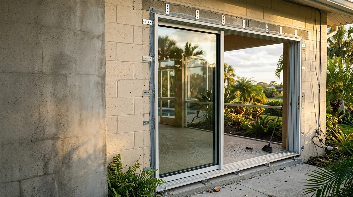 Contractor installing impact-rated sliding glass door in a 1990s concrete-block home in Bonita Springs, Florida, with Gulf-facing lanai visible in the background.