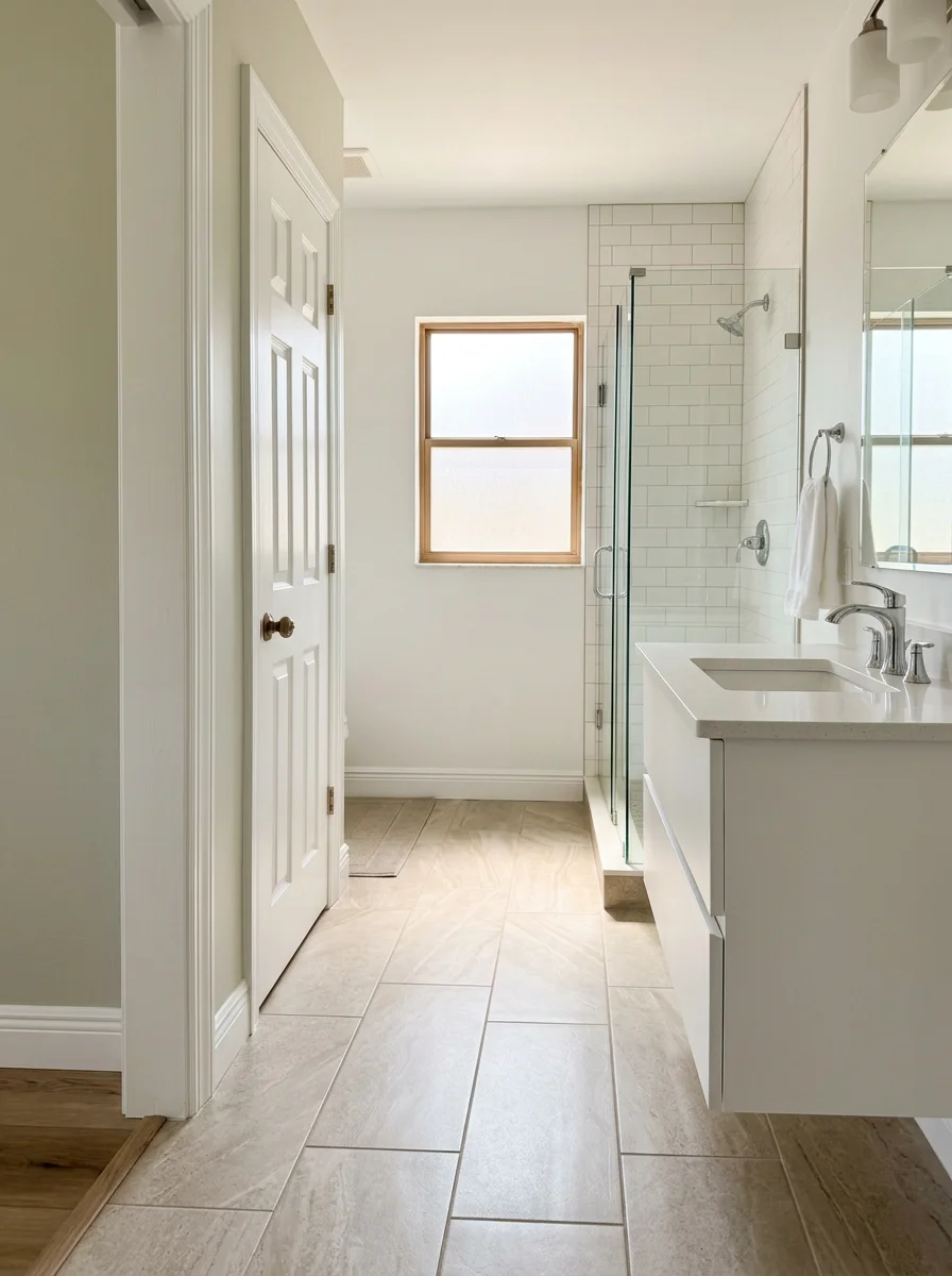 Freshly tiled bathroom in a Naples Park vacation rental unit with new vanity, large-format floor tile, and updated fixtures ready for peak-season guest turnover.