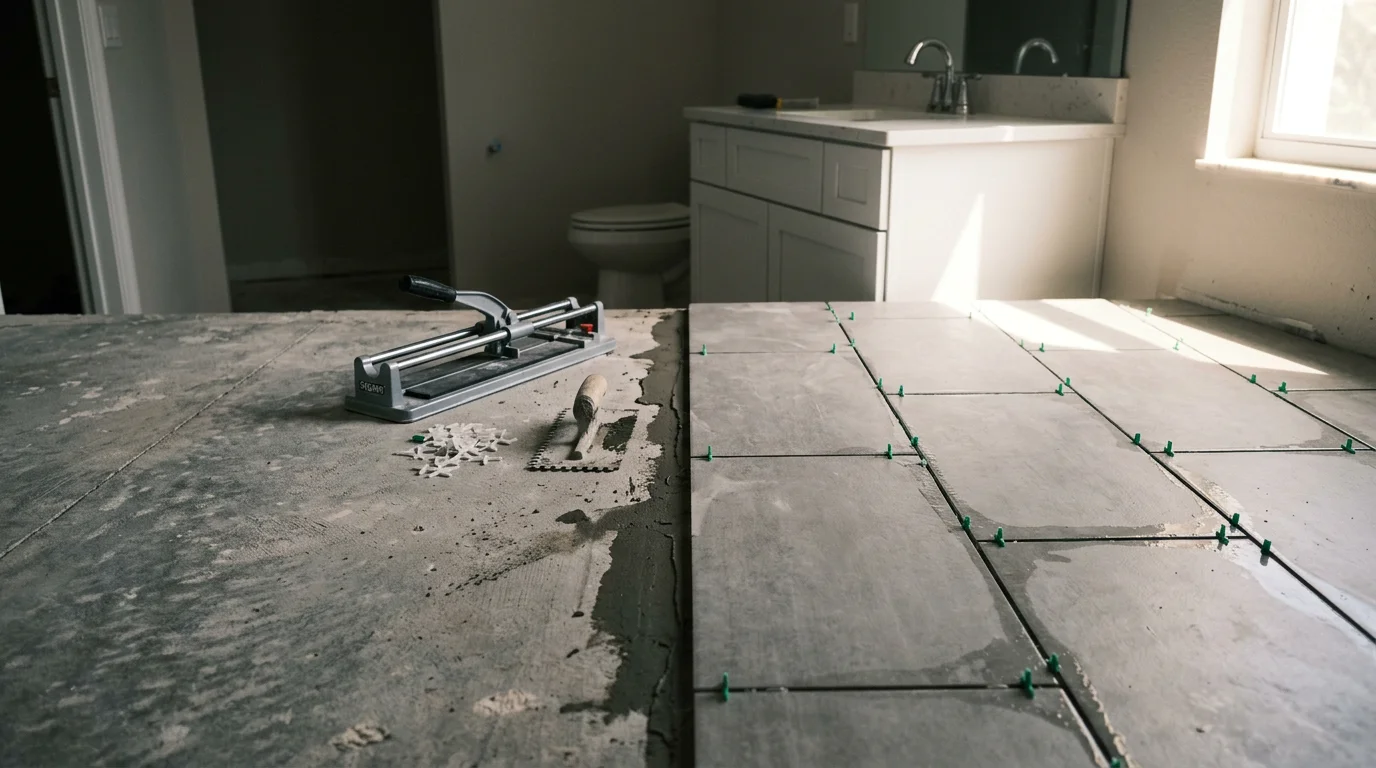 Newly installed moisture-resistant bathroom flooring in a Bonita Springs home, showing clean grout lines and finished transitions at the base of a bathroom vanity. The floor reflects the bright natural light common in Southwest Florida bathrooms.