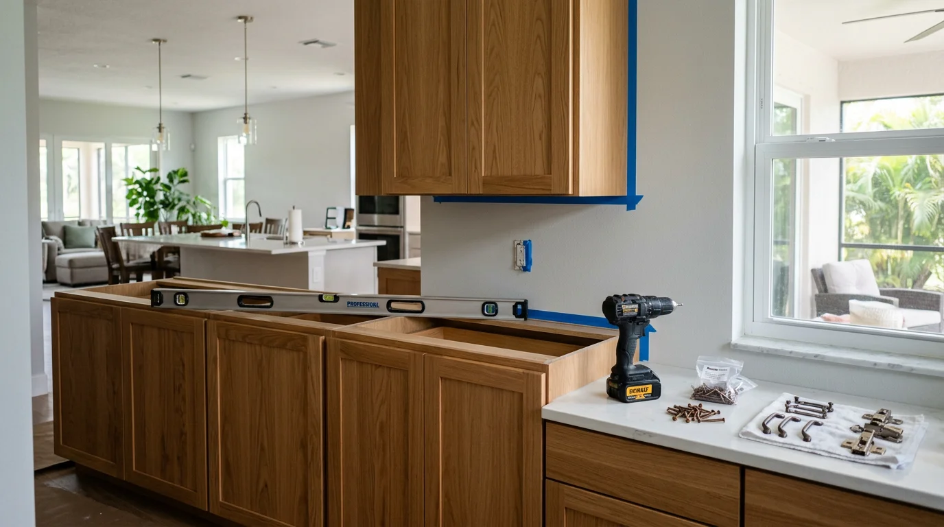 Newly installed custom kitchen cabinets in a Bonita Springs home, showing flush door alignment, fitted hardware, and a clean layout along an open-concept kitchen wall. A licensed Veritas Construction & Consulting installer levels a cabinet run during a Naples kitchen remodel.