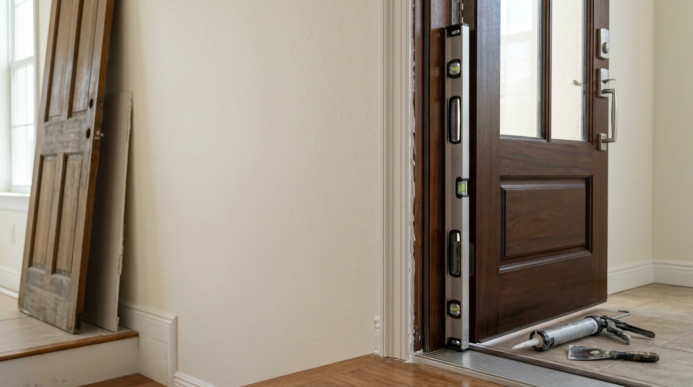 A newly installed exterior entry door on a single-family home in Bonita Springs, Florida, with a clean frame and tight weatherseal visible along the threshold. A handyman from Veritas Construction & Consulting checks the door alignment from the interior side.