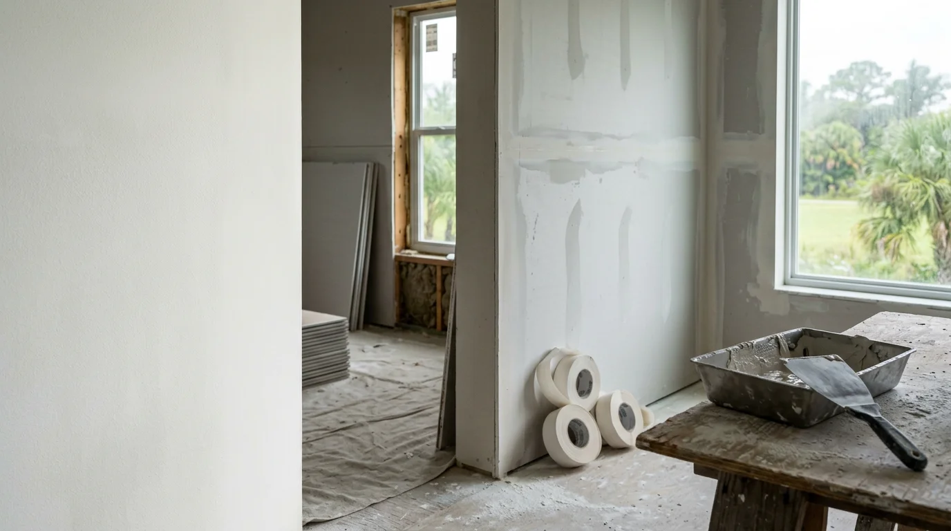 Freshly finished drywall walls in a Bonita Springs home interior, showing smooth, paint-ready surfaces with clean seams and no visible joints. A licensed handyman contractor applies the final coat of joint compound during a residential renovation project in Southwest Florida.