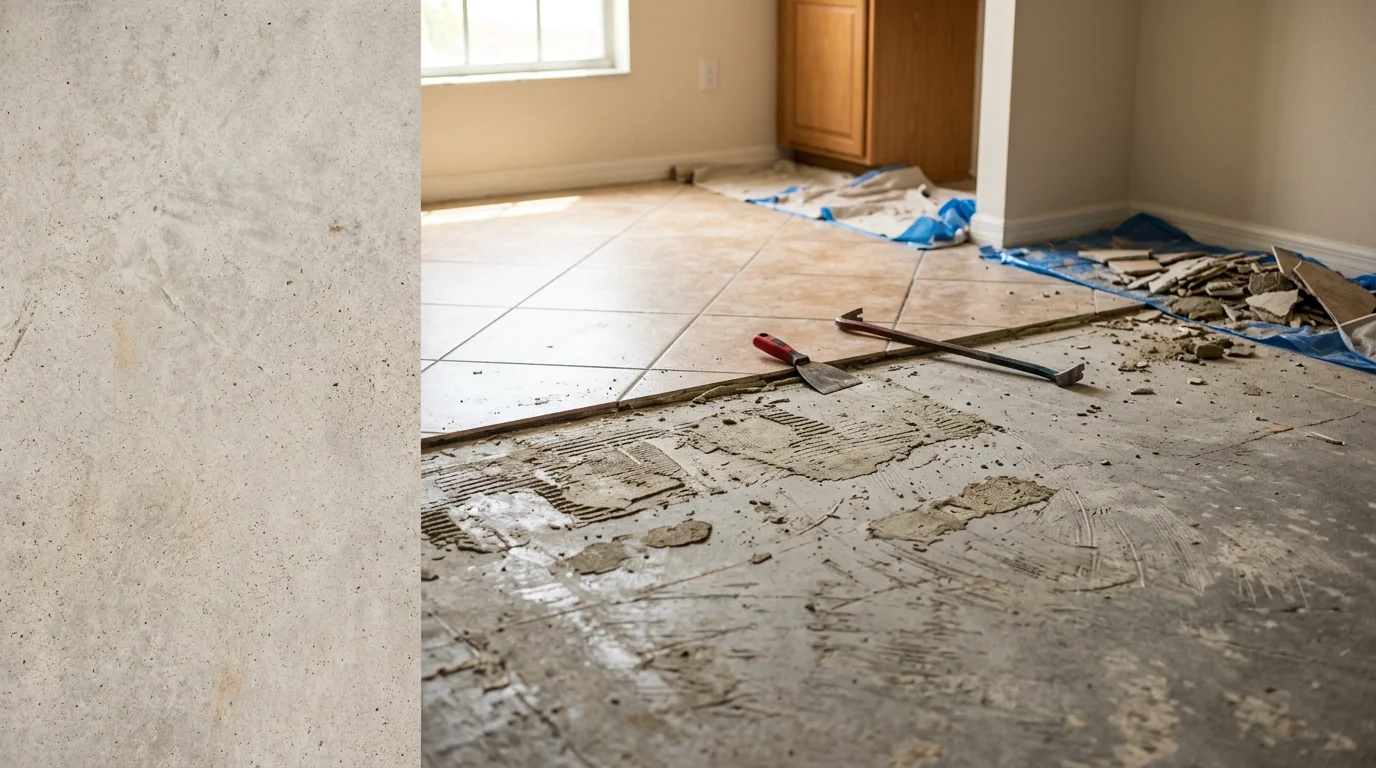 Old ceramic tile being removed from a concrete slab floor inside a Bonita Springs home during a renovation. The cleared slab is visible and ready for new flooring installation.