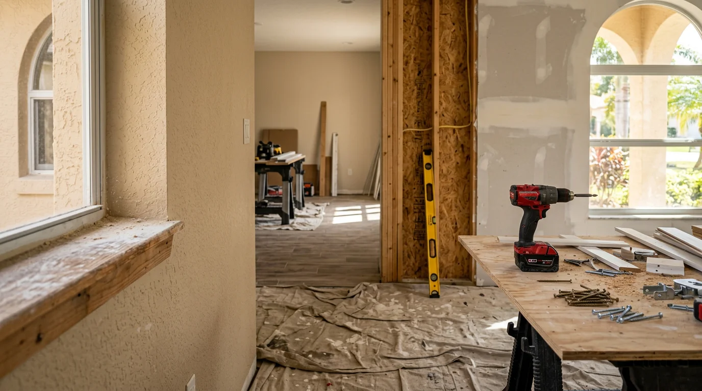 Interior of a renovated single-family home in Bonita Springs, Florida showing fresh paint, updated trim, and clean flooring after a house flip renovation. The coastal stucco property exterior is visible through the window, reflecting the local housing style common across Southwest Florida.