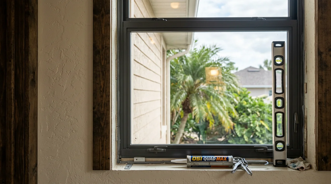 A Bonita Springs home with newly installed impact windows and a reinforced impact-rated entry door. The installation shows clean frame lines and laminated glass units fitted flush to the exterior wall.
