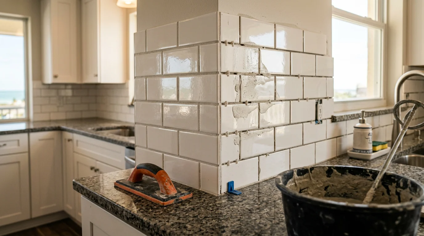 Freshly installed kitchen tile backsplash behind a countertop and range in a Bonita Springs, Florida home. Clean grout lines and finished edges show completed professional installation.