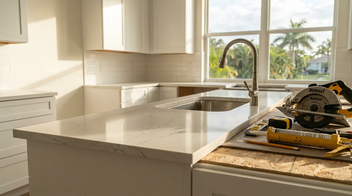 Newly installed kitchen countertop in a Bonita Springs home, showing a clean edge profile and fitted sink cutout. The surface runs along white cabinetry in a bright, open kitchen.