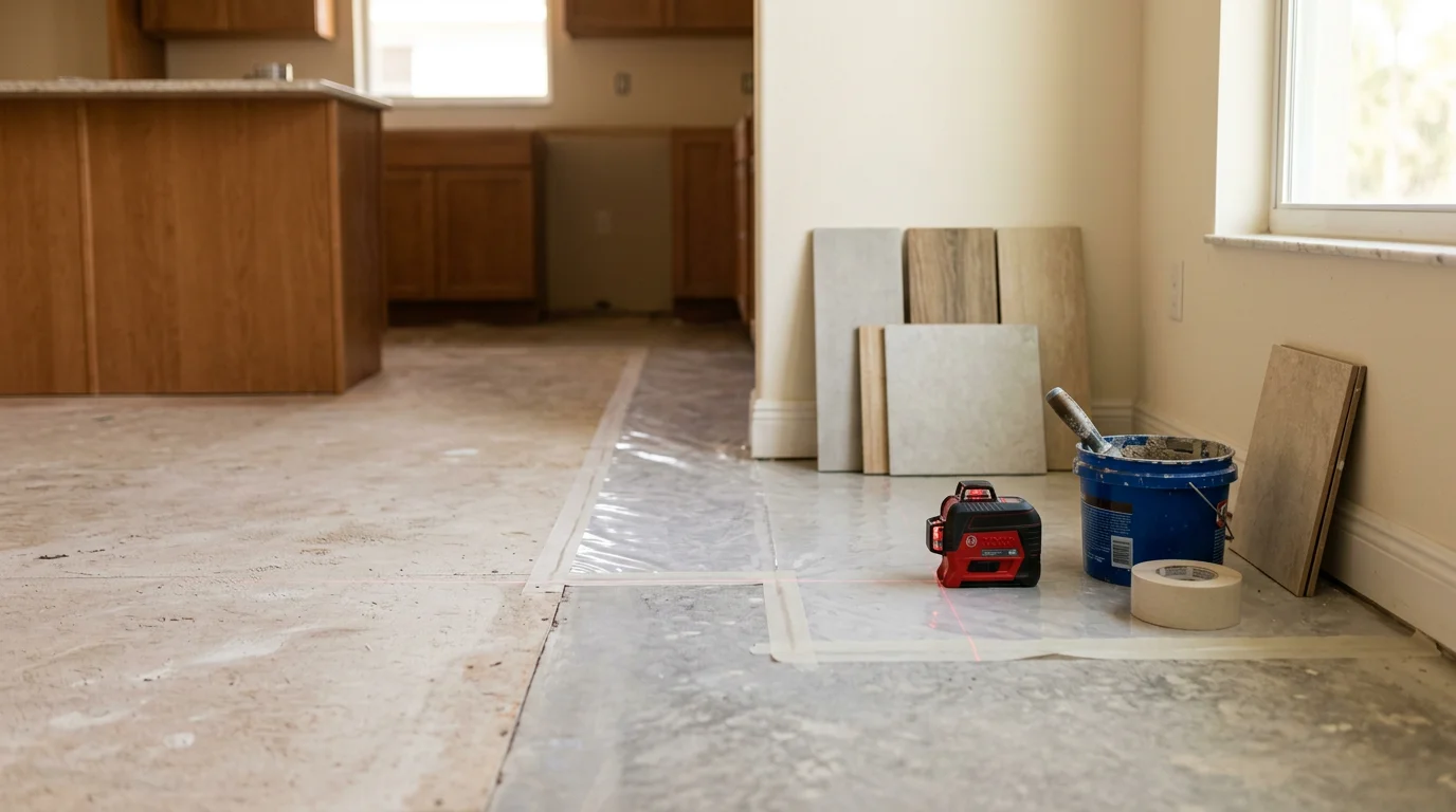 Newly installed moisture-resistant kitchen flooring in a Bonita Springs home, showing clean transitions at the cabinet toe kicks and an open-concept layout connecting to the main living area.
