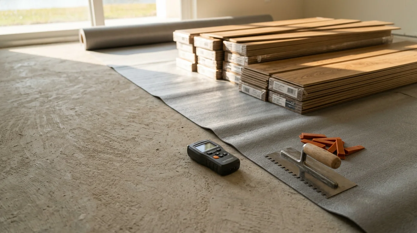 Freshly installed laminate flooring with a wood-look finish in a Bonita Springs living room. Even plank rows run wall to wall with clean edges along the baseboards.