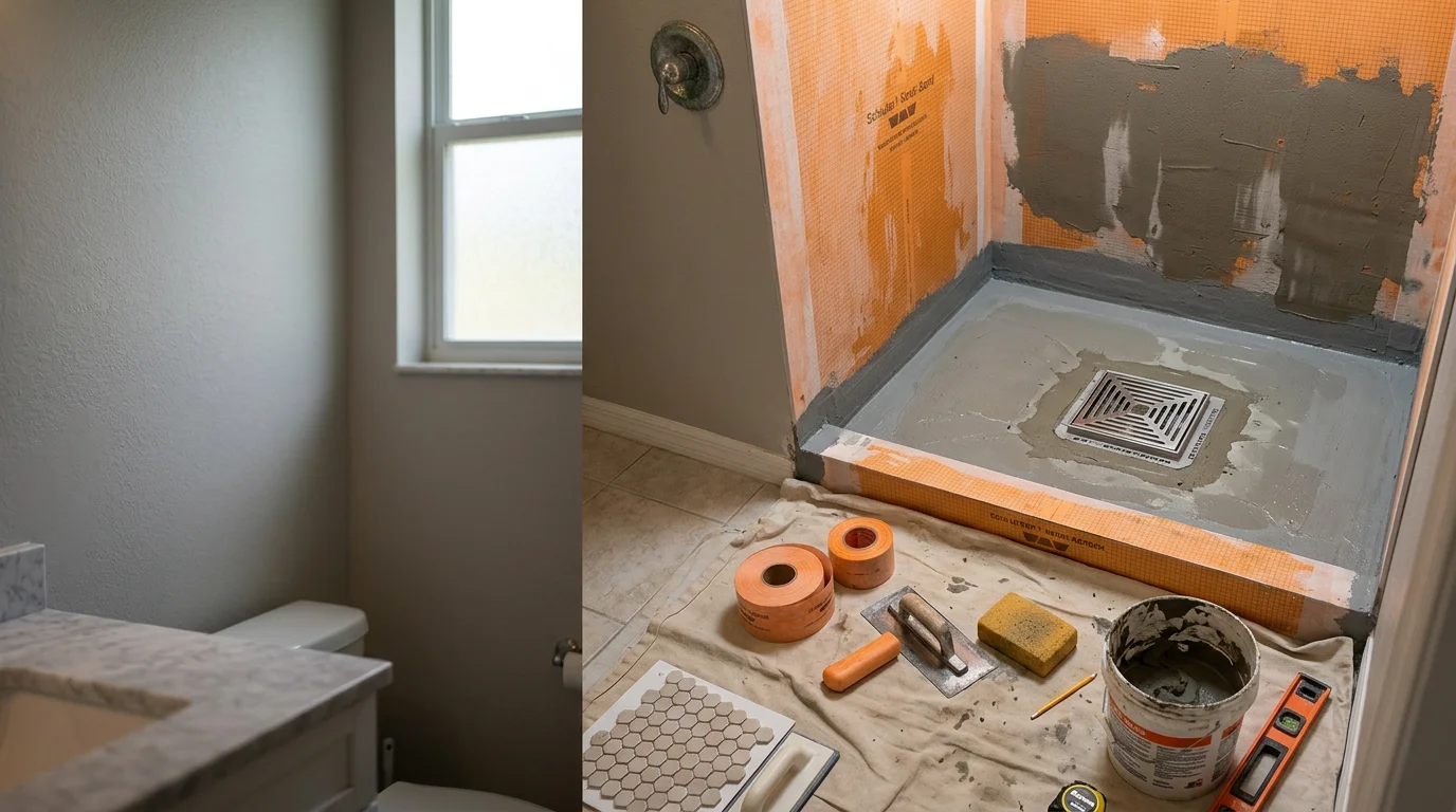 A newly installed walk-in shower with tiled walls and a curbless entry in a Bonita Springs home bathroom. The finished enclosure shows clean grout lines and a frameless glass panel suited to Southwest Florida's humid climate.
