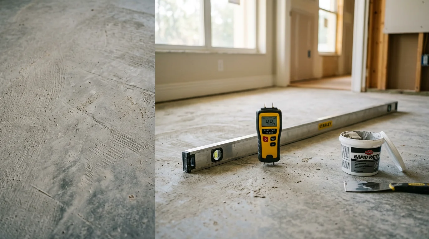 A licensed flooring contractor inspecting and leveling a concrete subfloor inside a Bonita Springs home before new flooring installation. The surface shows patched low spots and a smooth, prepared finish ready for the next stage.
