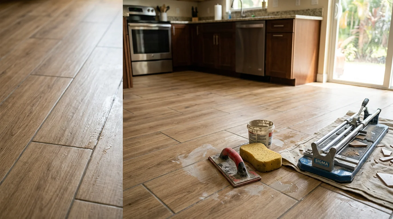 Freshly installed tile flooring in a Bonita Springs home, showing clean grout lines and a consistent layout across a bright open living area. The finished floor reflects the light and clean aesthetic common in Southwest Florida residential interiors.