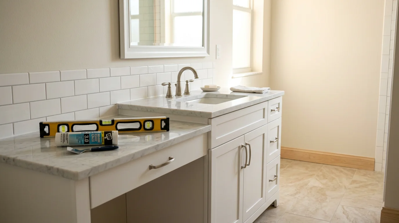 A newly installed bathroom vanity with a clean countertop and cabinet in a Bonita Springs home. The plumbing connections are neatly finished beneath the sink in a bright, updated bathroom.