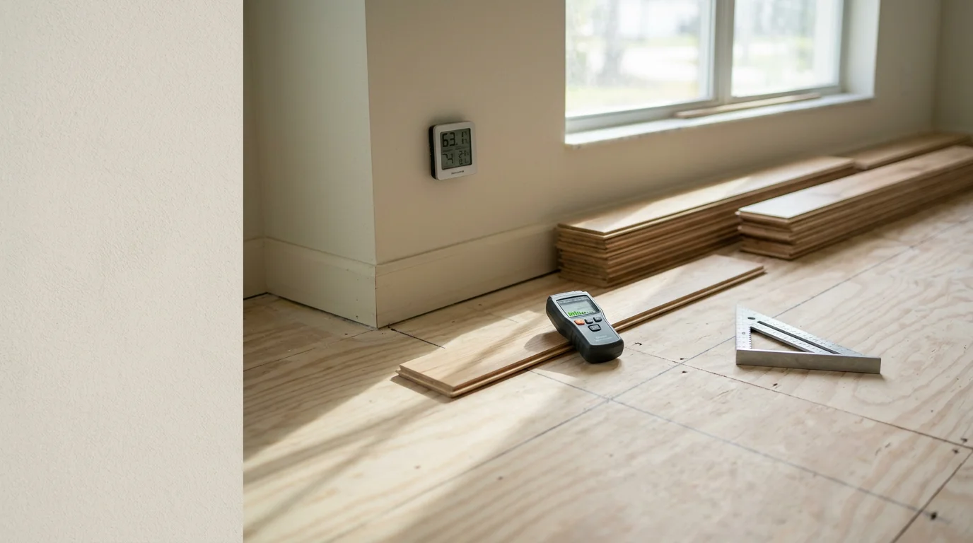 Freshly installed wood flooring in a bright, open-plan living room inside a Bonita Springs home. The planks run lengthwise toward a set of sliding glass doors, showing clean seams and a smooth, even finish.